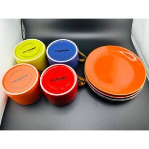 Teavana Amellia Set of 4 Tea Cups & Saucers – Multicolor – Gold Trim